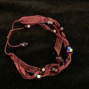 Burgundy Beaded Ribbon Bracelet